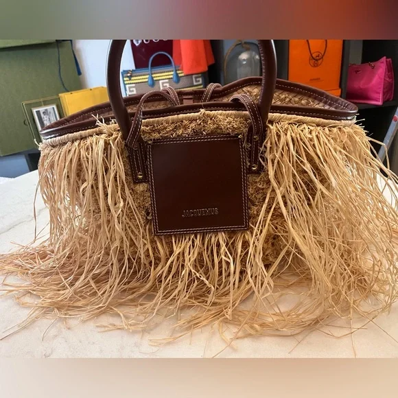 Jacquemus Le Panier Soli fringe raffia tote bag with brown leather trim - Picture 9 of 13